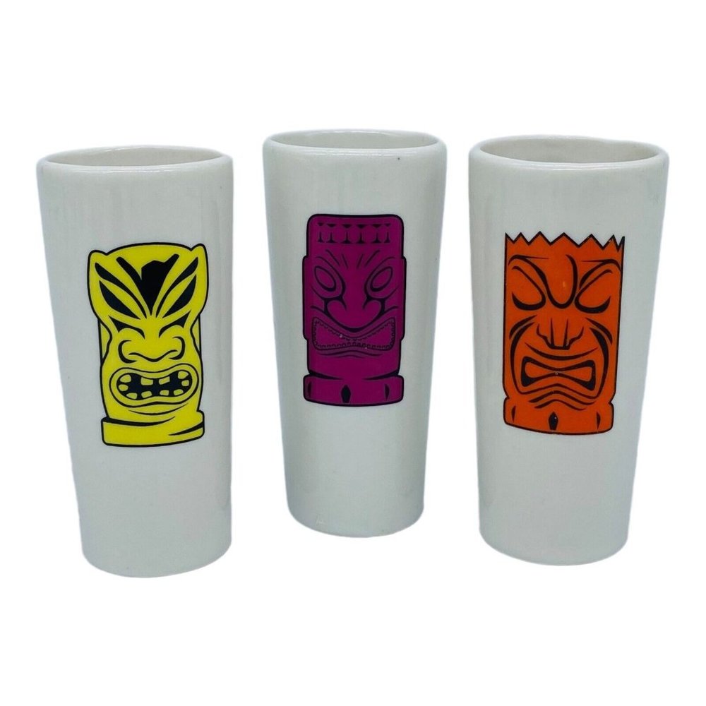 Tiki Shot Glasses Ceramic Yellow Magenta & Orange Hawaiian Luau Barware SET OF 3